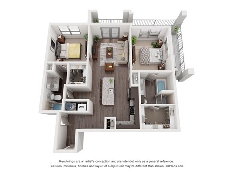 Floor plan for 2 beds, 2 baths, 1073 sqft